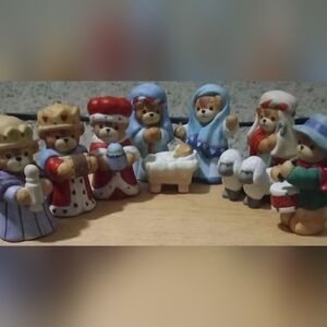 Vintage 1986 Enesco Lucy Riggs Porcelain 10 Pc Bear Nativity Set, Mint Condition